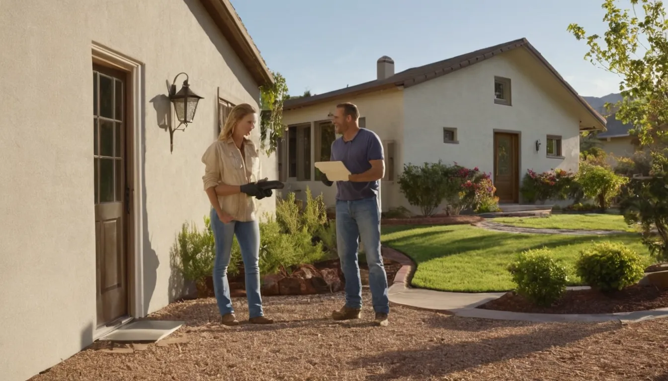 A homeowner talking with a septic provider beside a stucco ranch home in San Juan Capistrano
