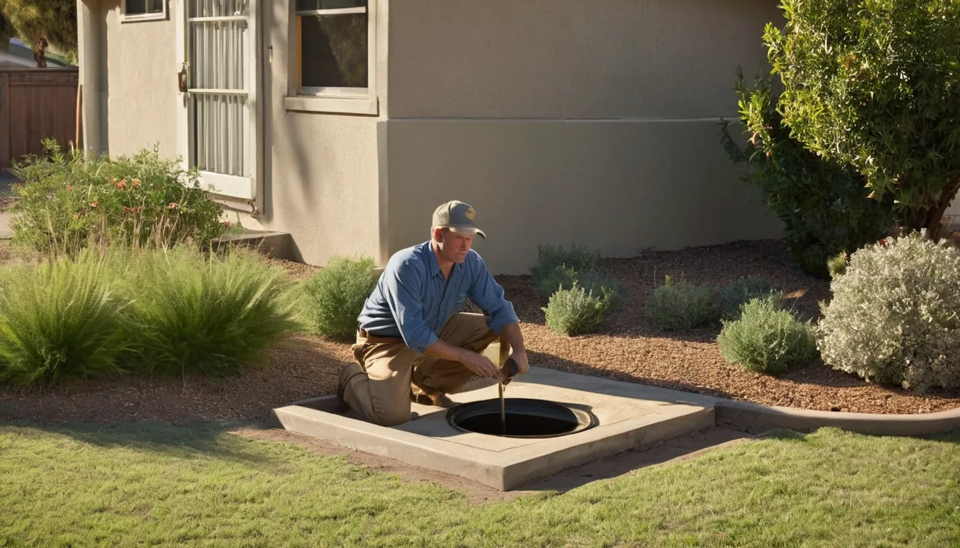 Provider inspecting a septic tank lid in the yard of a stucco ranch home in the San Juan Capistrano area