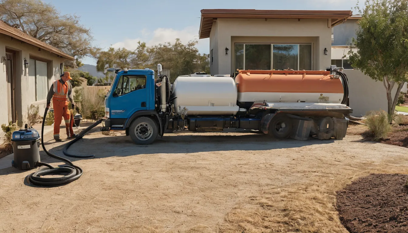 Provider pumping a septic tank beside an older stucco ranch home in San Juan Capistrano
