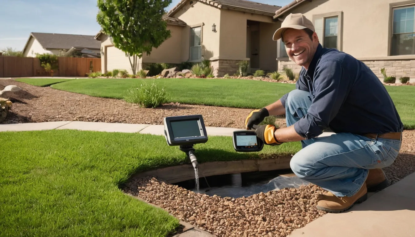 Friendly provider showing a homeowner a sewer camera screen in a yard near San Juan Capistrano